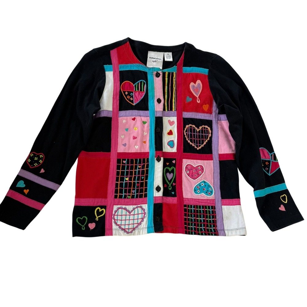Michael Simon Light Women Black Heart Patchwork Embroidered Cotton Cardigan S